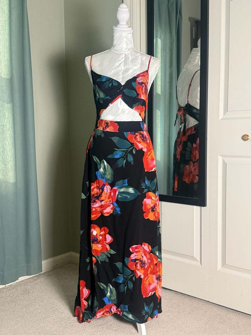 Lulus Tropical Blooms Black Floral Cutout Tie Back Maxi Dress Large Resort